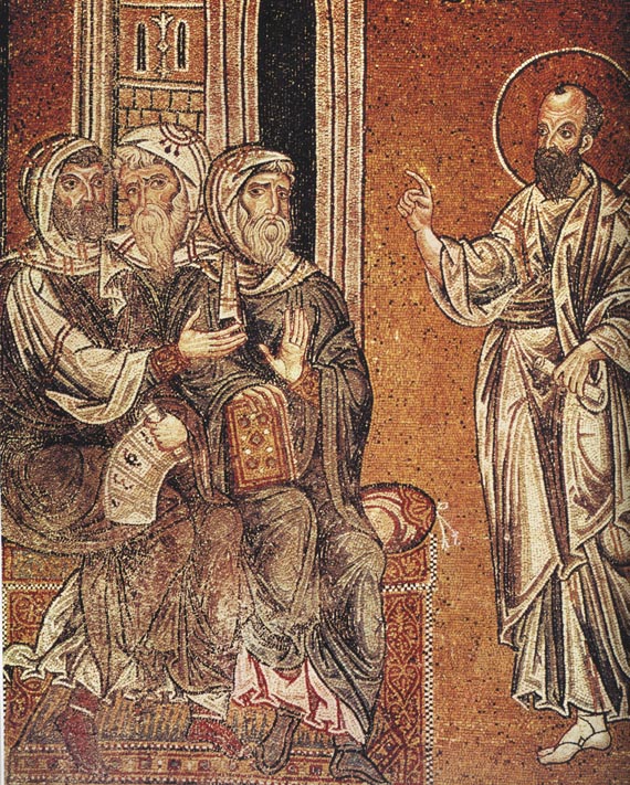 Апостол Павел проповедует евреям в синагоге в Дамаске. Византийская мозаика. XII век. Собор Монреале, Италия