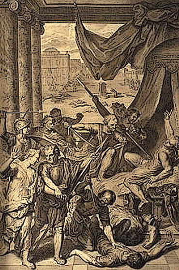 Шимон и Леви покоряют народ Шхема. Гравюра Жерара Хоэ из книги «Библейские персонажи». 1728