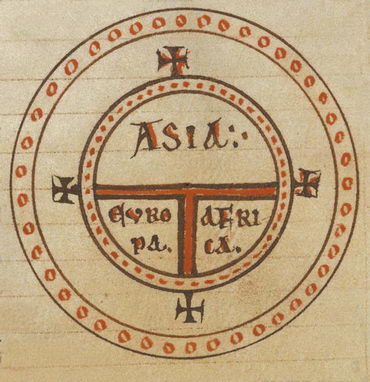Карта типа «Т‑О» из «Этимологий» Исидора Севильского. Рукопись XII века. Британская библиотека