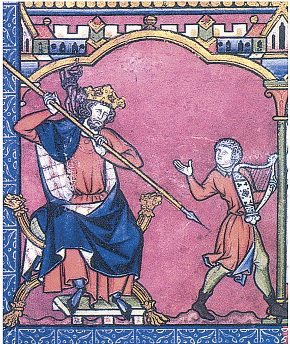 Царь Шауль пытается пронзить Давида копьем. Фрагмент миниатюры. Франция. Около 1250. Библиотека Пьерпонта Моргана, Нью‑Йорк