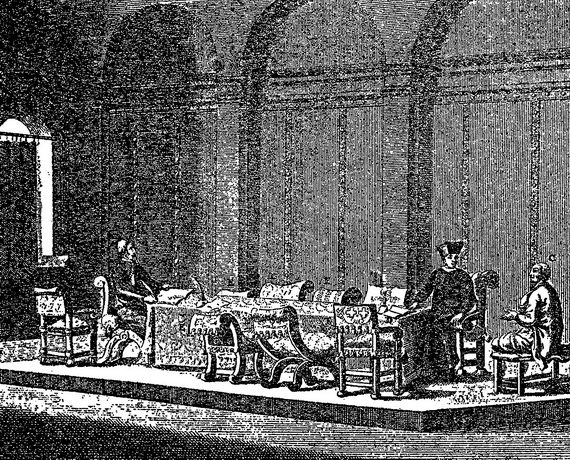 Зал инквизиции, где велись допросы заключенных. Гравюра из книги Сесила Рота «A History of the Marranos» (Philadelphia, 1932)
