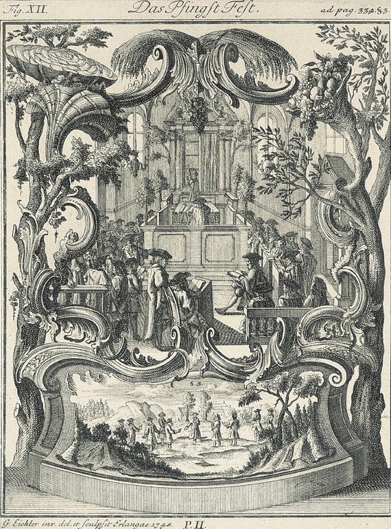 Праздничная служба в синагоге на Шавуот. Гравюра. Франкфурт-на-Майне. 1748