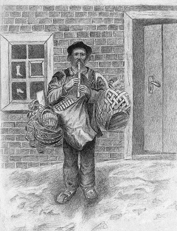 Уличный торговец и музыкант. Рисунок Амшея Нюренберга. 1902. Из коллекции О. Тангян