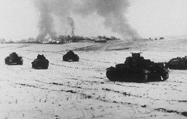 Немецкие танки атакуют советские позиции в районе Истры. 25 ноября 1941. Bundesarchiv Bild