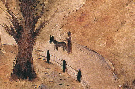 Тот самый араб и тот самый ослик на полотне Реувена Рубина («Горный пейзаж», 1936). Сейчас его (ослика, а не Рубина) купят ученики Шимона бен Шетаха