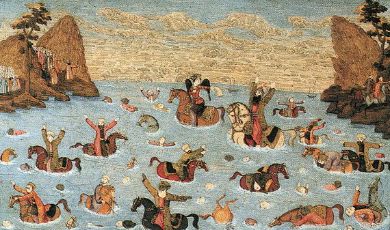 Армия фараона тонет в море. Масляный рисунок на папье‑маше. Исфахан. Конец XVII века